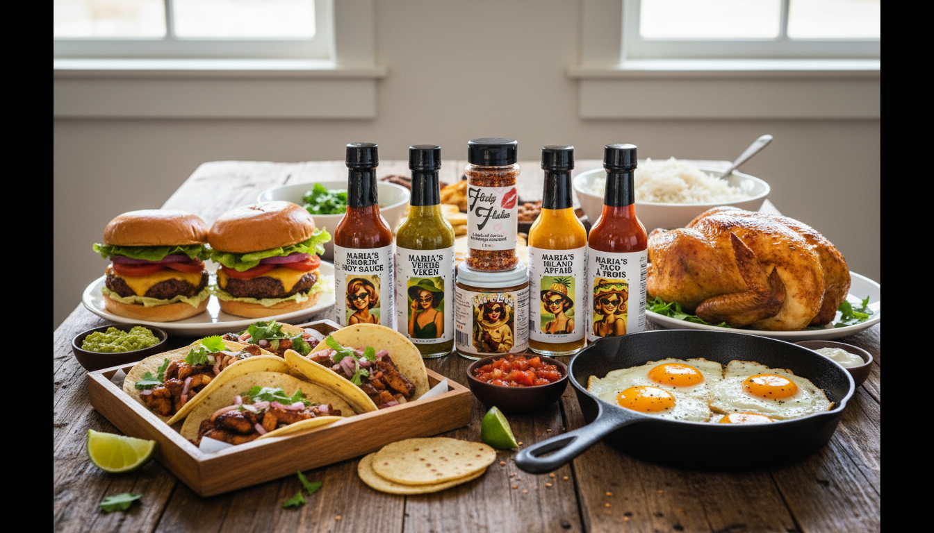 All products on a table.